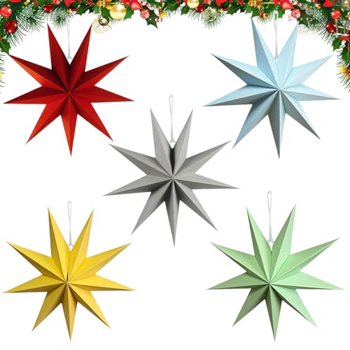 TENGWA 5 Piezas Estrella de Papel Colgable Colorido 30 cm Estrellas Papel Navidad Plegable Decoraciones Ideal para Mesas de Comedor Ventanas Habitaciones Bodas Fiestas de Cumpleaños San Valentín