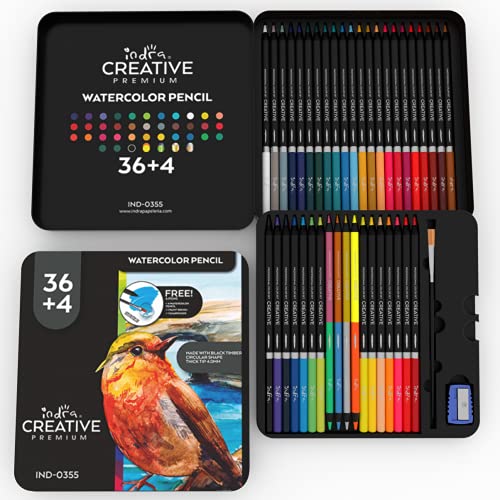 Indra Watercolor Pencils Set, Professional 36+4 Water Color Pencils with Brush & Pencil Sharpener, Colored Art Drawing Pencils for Adults Kids Coloring, Blending and Layering