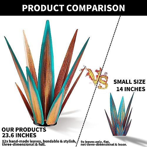 Image of KODIBO 24 inch Metal Agave Plant Outdoor Decor, Large Garden Sculpture, Blue | Rust-Resistant Finish, Hand-Painted Metal, Tequila Rustic Sculpture, Desert Steel Yard Art, Southwestern Outdoor Garden Decor