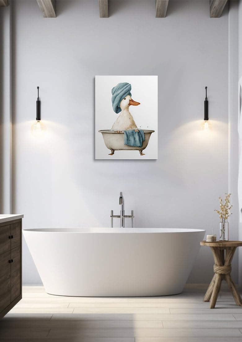 Duck in Bathtub Canvas Wall Art Framed Print Funny Animal Bathroom Wall Decor Artwork Poster Whimsical Pastel Blue Towel Bubbles for Bathroom Nursery Kids Room Humorous Decor 12x16 Inches