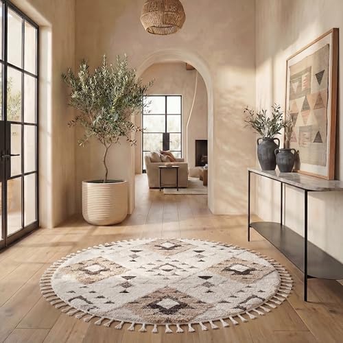 SAFAVIEH Moroccan Tassel Shag Collection Area Rug - 5'3' Round, Ivory & Brown, Non-Shedding & Easy to Clean, Plush High-Low Texture, Ideal for Living Room, Bedroom, Dining Space (MTS688A)
