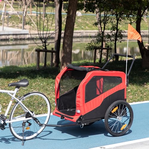 PawHut 2-in-1 Hundeanhänger, Fahrradanhänger für Hunde, Hundewagen mit Reflektoren, Hundebuggy max. 30 kg, Hundefahrradanhänger für Große Hunde, Oxford-Gewebe, Rot