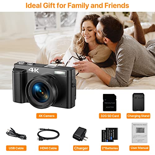 Vlogging Camera, 4K Digital Camera For Photography With 3'' 180°Flip Screen, Autofocus 48Mp Video Cameras For Youtube With 16X Digital Zoom 32Gb Sd Card, 2 Batteries And Charging Stand For Travel #TOP6