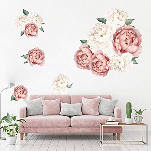 Pink Peony Wall Decals Flowers Wall Stickers for Bedroom, Watercolor Peonies Wall Posters Vintage Peel and Stick Art Murals Wallpaper for Living Room Girls Room Office