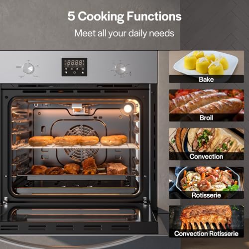 Image of Empava 24 Inch Natural Gas Single Wall Oven with 5 Cooking Modes, Convection Fan and Rotisserie, Knob Control and Digital Display, Stainless Steel