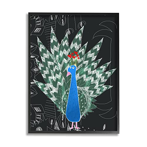 Stupell Industries Children's Abstract Peacock Doodle White Pattern Black Framed Wall Art, 16 x 20, Green