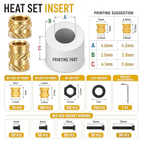 630Pcs M3 Threaded Insert Assortment Kit – Heat Set Inserts, Hex Nuts, Washers, Socket Head Cap Screws – M3 Fasteners for 3D Printing, Compatible with PLA/ABS, Organized in Plastic Box — view 4