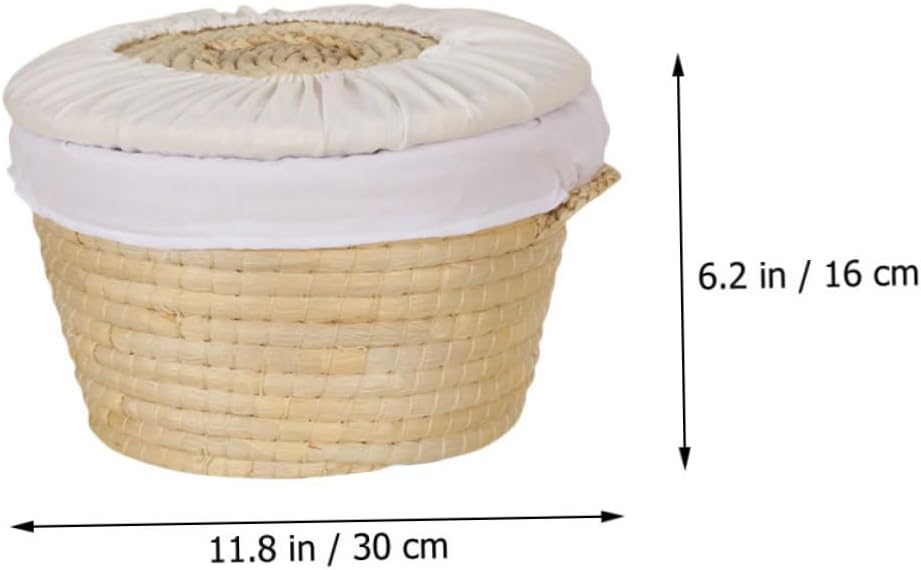 Woven Steamed Bun Storage Basket with Lid, 30cm round Natural Straw Bread and Egg Holder, Insulated Kitchen Knit Basket for Home Dining and Picnic Use