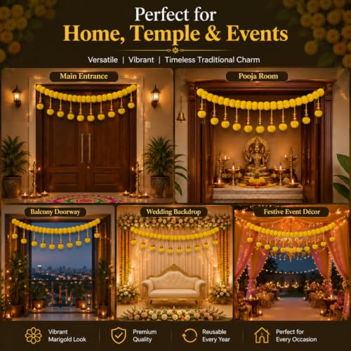 Image of SMIZZY Artificial Marigold Flower Toran for Main Door Entrance, Traditional Bandarwal Door Hanging with Decorative Beads & Tassels for Diwali Pooja Wedding Housewarming & Festival Decoration 44 Inches