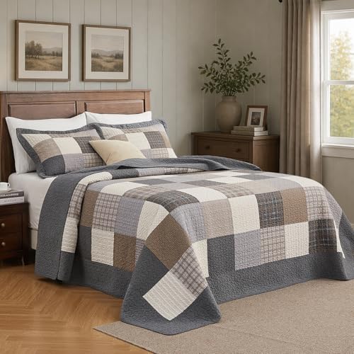 Quilta California King Quilt Set Oversized - Farmhouse Plaid Design Reversible Oversized King Bedspreads 128x120, 3-Piece 100% Cotton Textured Lightweight Comforter Coverlet Set, Cal King, Gray/Beige — view 2