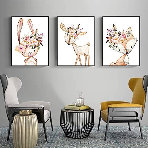 Nicjoy Baby Room Wall Art Canvas Pictures Nursery Prints Flower Rabbit Canvas Painting Woodland Animals Poster Nordic Fox Deer Picture 3Psc/Set (16X24Inchx3(40X60Cmx3),No Frame) #TOP3