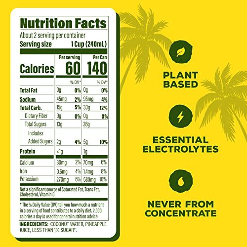 C2O The Original Coconut Water W/Nutrients & Electrolytes, Rejuvenating Plant-Based Hydration, Pineapple, 17.5Oz Cans (12-Pack) #TOP3