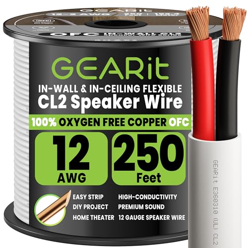 GEARit 12 Gauge Speaker Wire Cable,UL CL2 Rated 12 Gauge Wire 250ft,Copper Wire with Polarity Mark,Audio Cable for In-Wall Home Theater,Home,Car Stereo,Commercial Audio Systems,OFC(White,2-Conductors)