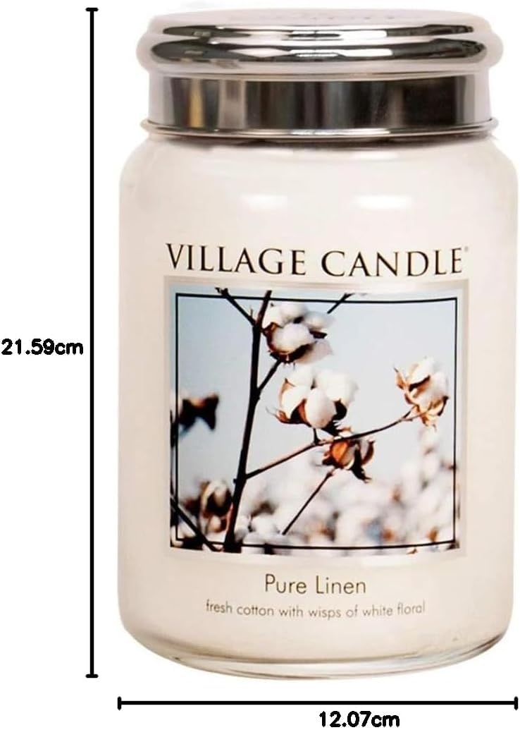 Village Candle - Pure Linen – candela profumata profumo puro lino – barattolo grande in vetro con doppio stoppino – fragranza fresca di cotone e fiori bianchi – atmosfera pulita e rilassante