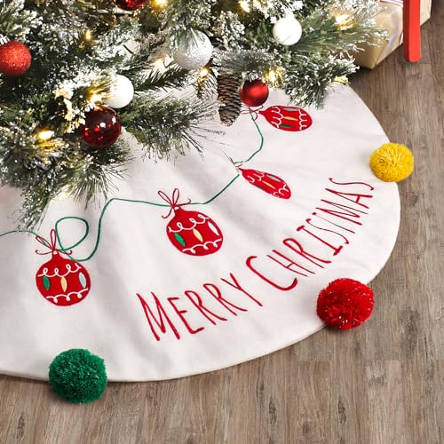XAMSHOR 24 Inches Christmas Tree Skirt, Embroidered Burlap Xmas Tree Skirt with Colorful Pom Poms, Indoor Outdoor Holiday Decorations, White