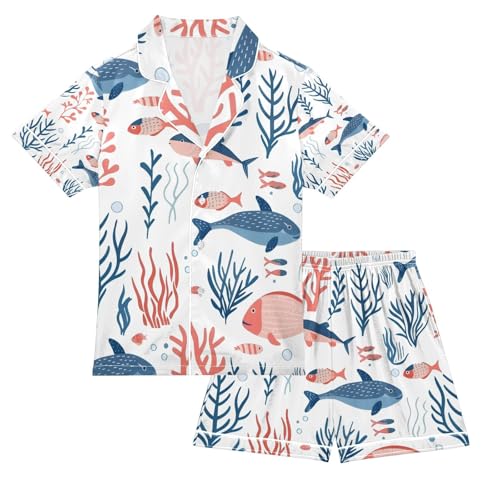 senya Fish Coral A Satin Summer Pajama Sets Silk Short Sleeve Button Down Sleepwear