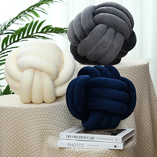 Macarrie 3 Pieces 8.6 Inch Knot Ball Pillow Round Throw Pillow Soft Decorative Plush Cushion Aesthetic Knotted Pillow Home Sofa Floor Bedroom Photography Decor (Milk White, Dark Gray, Navy Blue) #TOP22
