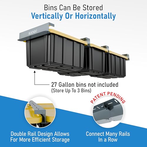 Image of USA Based Overhead Garage Storage Rack, Connectable Heavy Duty Metal Ceiling Rails Garage Storage Organization Shelving System, Hanging Racks Tote Containers, Supports Up To 3 Bins, 2 Sets Gray