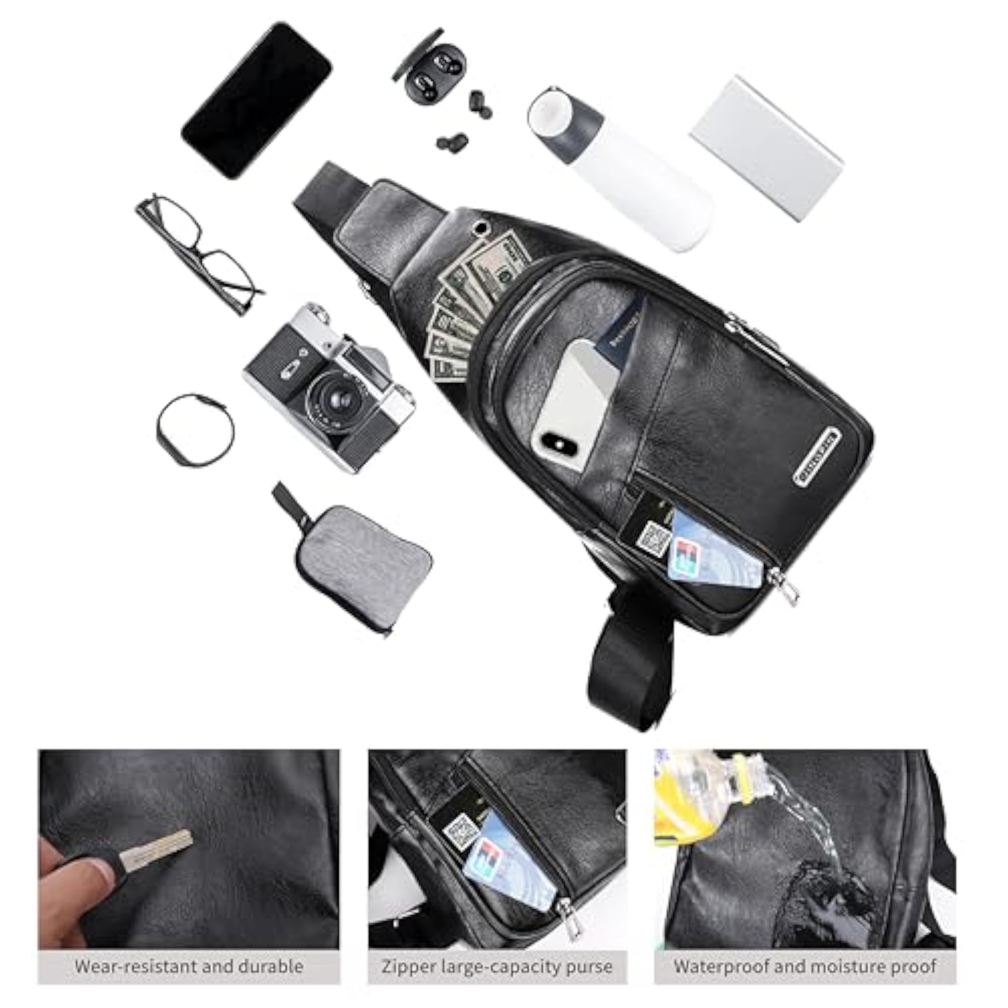 Sling Bag Set, PU Leather Sling Bag, Multi-Zipper Design