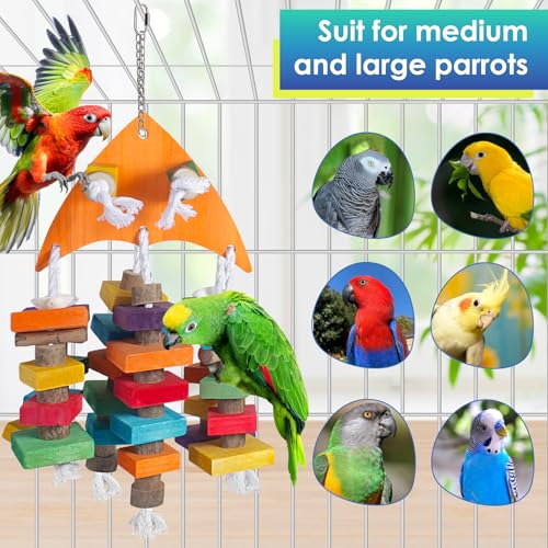 unimaxlink 22.8\" Natural Shell Parrot Toy for Medium & Large Birds (Sichuan Pepper Wood/Pine Wood/Poplar) with Stainless Steel Hook | Macaw Toys, African Grey Chew Toys