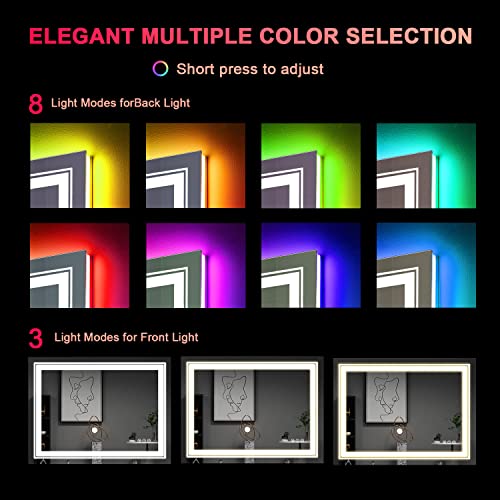 LED Mirror for Bathroom, 28"X36" with 8 RGB Backlit +3 Front Lit (Adjustable Individually), Anti-Fog, Lighted Bathroom Vanity Mirror for Wall, Shatterproof, Memory Function, Tempered Glass