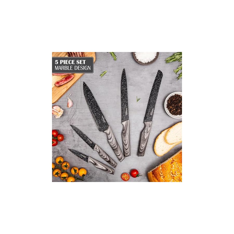 Kitchen-Knife-Block-Set-Granite-5-Piece-Knives-Set-with-Clear-Acrylic-Block-Wood-Affect-Handle-Stainless-Steel-Blades-by-Nuovva Kitchen Knife Block Set - Granite 5 Piece Knives Set with Clear Acrylic Block - Wood Affect Handle - Stainless Steel Blades - by Nuovva