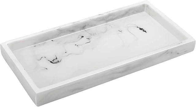 Emibele Jewelry Organizer Resin Tray, Bathroom Kitchen Dresser Vanity Tray Jewelry Dish Ring Holder Cosmetic Organizer for Candle Perfume Soap Shampoo Small Plant Home Decor, Mini Size - Marble White