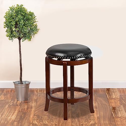 Flash Furniture Margaret 24'' High Backless Light Cherry Wood Counter Height Stool With Black Leathersoft Swivel Seat #TOP1
