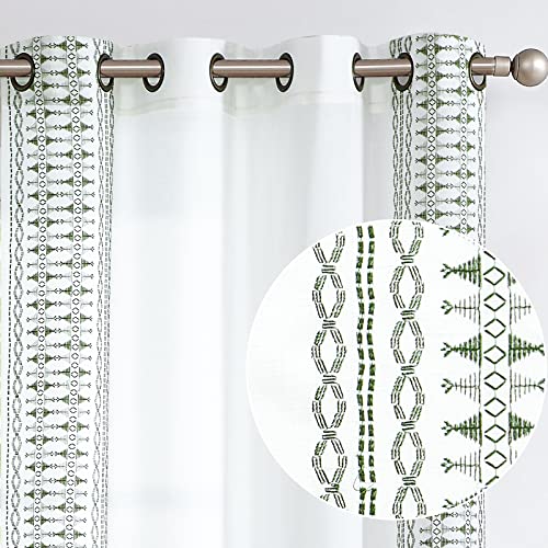 jinchan Boho Curtains Linen Blend Beige Farmhouse Curtains 63 Inches Long for Living Room Blue Square Embroidered Bordered Back Tab Bedroom Window Light Filtering Bohemian Drapes 2 Panels Ar