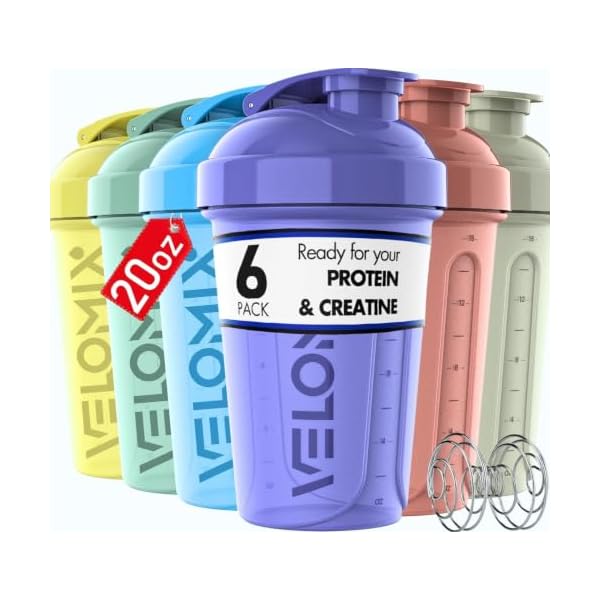 VELOMIX 6 Pack 20oz Shaker Cups for Protein Shakes, Pastel Shades