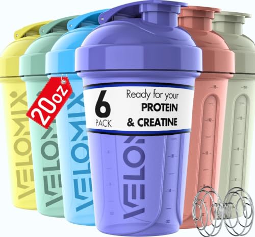Image of VELOMIX -6 PACK- 20 oz Protein Shaker Bottle for Protein Mixes - 6x Wire Whisk | Leak Proof Shaker Cups for Protein Shakes | Stackable Protein Shaker Bottle Pack | Dishwasher Safe (Pastel Shades)