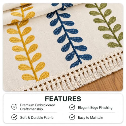 Image of Premium Cotton Microwave Oven Cover | Elegant Embroidered Leaf Design with Decorative Tassel Fringe | Dustproof Washable Kitchen Appliance Protector | Appliances Cover | 100 x 35 CM (Yellow)