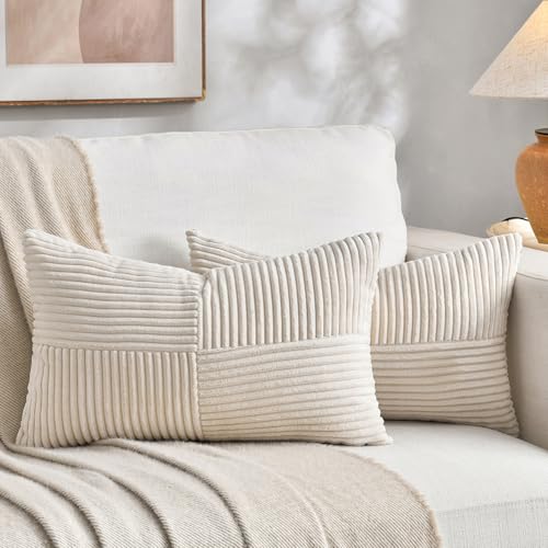 Image of Fancy Homi 2 Packs Cream Lumbar Decorative Throw Pillow Covers 16x26 Inch for Living Room Couch Bed Sofa, Rustic Farmhouse Boho Home Decor, Soft Striped Corduroy Rectangle Accent Cushion Case