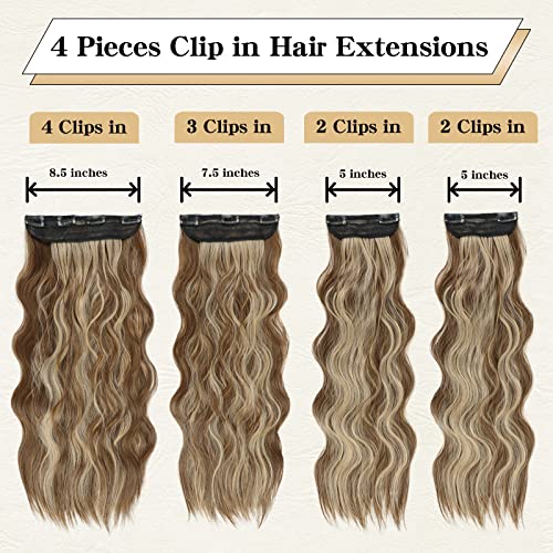 Clip In Hair Extensions, 20 Inch Caramel Brown Mixed Honey Blonde Hair Extensions For Women 4Pcs Long Wavy Hair Extensions Clip Ins Synthetic Fiber Curly Clip In Hair Extensions For Daily Party Use #TOP1