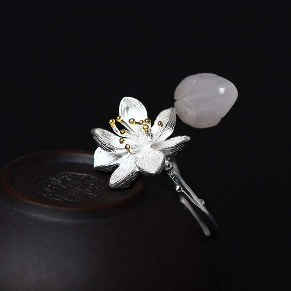 Vintage Estilo Chino S 925 Anillo De Plata Mujer Inlay Abierto Flor De Loto Cristal Rosa Regalo Creativo De Moda De Tendencia De Personalidad Temperamento Elegante
