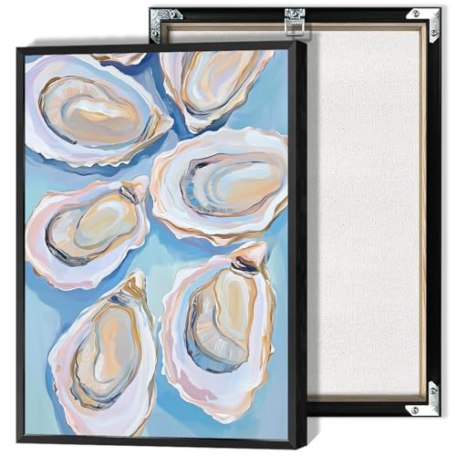 Image of Pastel Blue Oyster Shell Poster Abstract Coastal Shell Canvas Wall Art Funky Colorful Summer Beachy Picture Prints Painting For Home Living Room Kitchen Restaurant Wall Decor 8x12in Framed