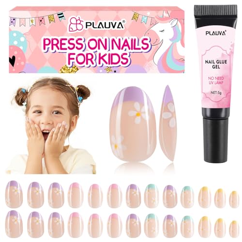 Plauva 26 Pieces Press on Nails for Kids Children Flower Fake Nail for Kids Teenager Girls 8-12 Years Press on Nails with Nail Glue