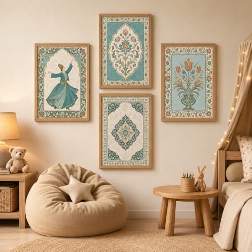 Image of Livin'luxe Set of 4 Persian Floral & Sufi Dancer Wall Paintings with Sparkle Laminate and Premium Wooden Synthetic Frame for Living Room Bedroom Office Decor (13.5 x 19.5 Inch)
