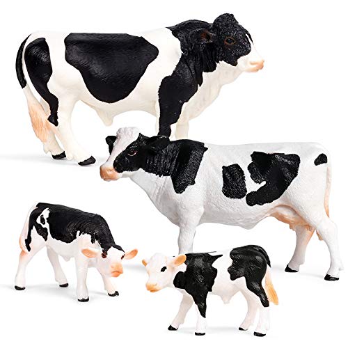 Hibon Simmental Cattle Figurine Simulated Cattle Realistic Plastic Cow Figurines for Collection Science Educational Props, Set of 4 Black