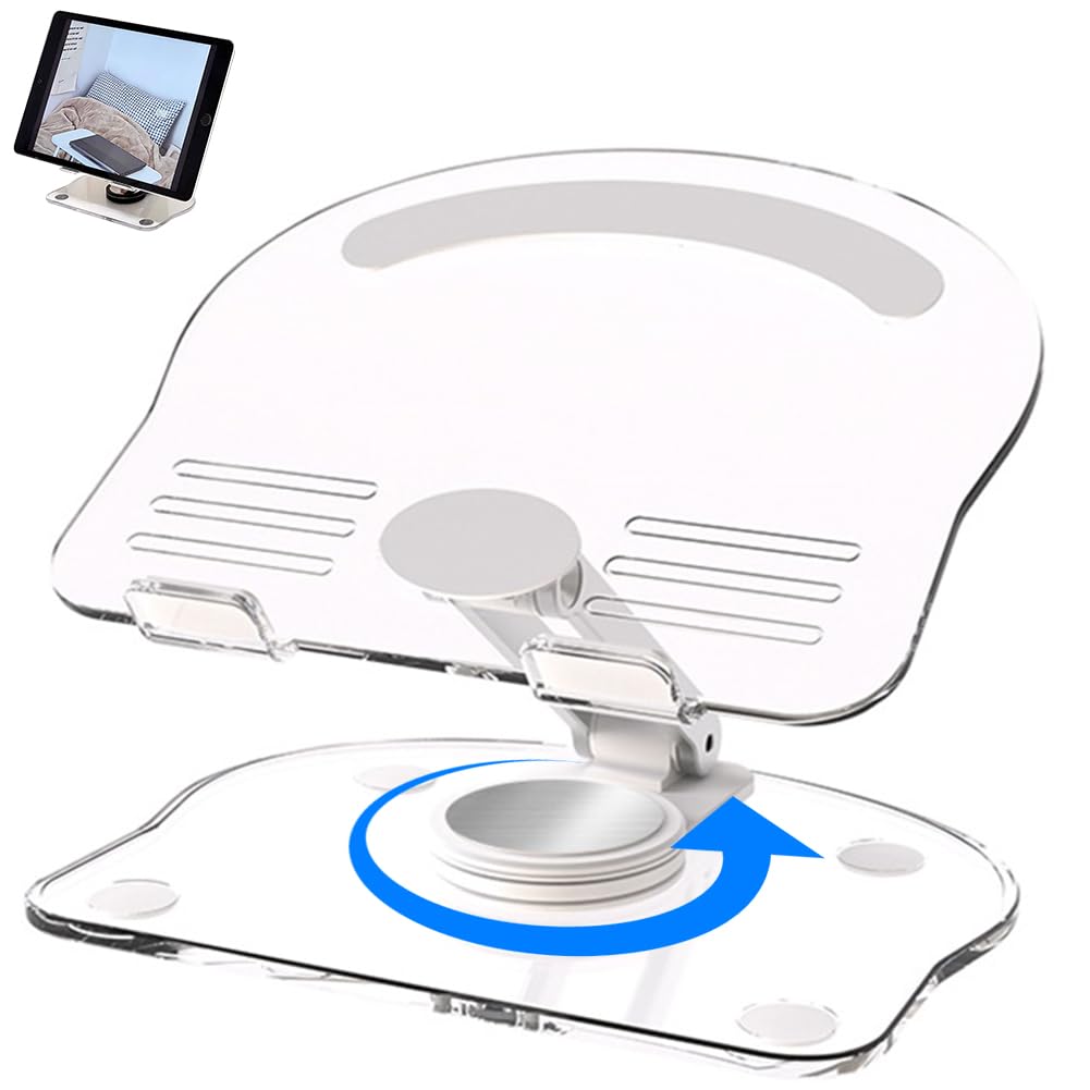 Umora スマホスタンド 折りたたみ式 アクリル製 透明 360°回転 タブレット スタンド 卓上 滑り止め 高さ角度調整可能 充電可能 4.7~13インチモデルに適用(ホワイト)