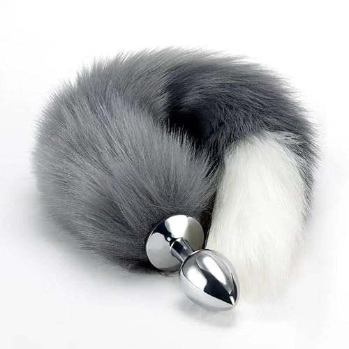OOIIXX Anal Plug with Sexy Tail for Cosplay, Adult Sex Toys of Stainless Steel Anal Plug (Gray-White, Medium) - Gray-white - Medium