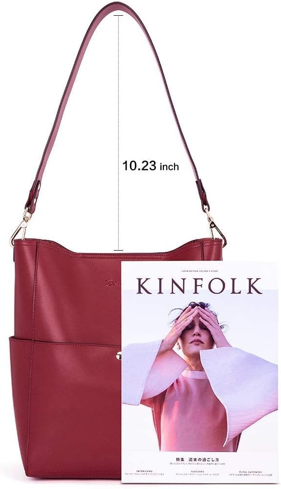 BOSTANTEN Women's Leather Designer Handbags Tote Purse Shoulder Bucket Bag Wine Red and Women Leather Wallet RFID Blocking Small Bifold Zipper Pocket Wallet Card Case Purse with ID Window