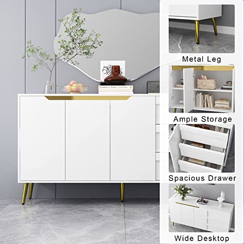 Famapy White And Gold Credenza With Drawers & Doors, Wide Buffet Sideboard Storage Cabinet, Gold Metal Legs, For Kitchen Hallway (63”W X 15.6”D X 33.4”H) #TOP4