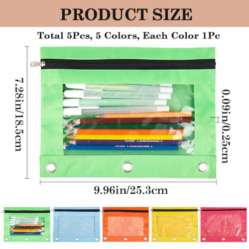 CRASPIRE 5Pcs 5 Colors Zippered Pencil Pouches for 3 Ring Oxford Cloth Pen Bags Cases Pouch Box Cosmetic Bags with Clear Window for Pencil Storing School Teacher Supplies Stationery - Image 2