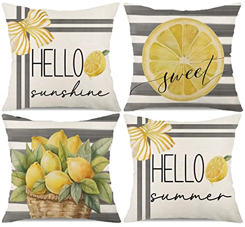 Pillow Covers 18X18 Set Of 4 Grey Stripe Lemon Sweet Hello Sunshine Summer Throw Pillows Decorative Cushion Cases Summer Decorations Farmhouse Decor For Home Decor (18''X18'', Yellow) #TOP15