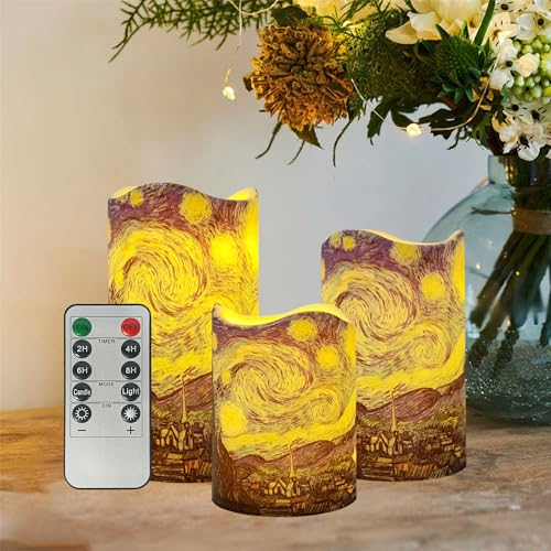 Image of Remote Flameless Candles 4 inch 5 inch 6 inch - Set of 3 Van Gogh Starry Night Design LED Pillar Candles Battery Operated with Timer for Home Decor Indoor Outdoor,PLT3P-StaNit