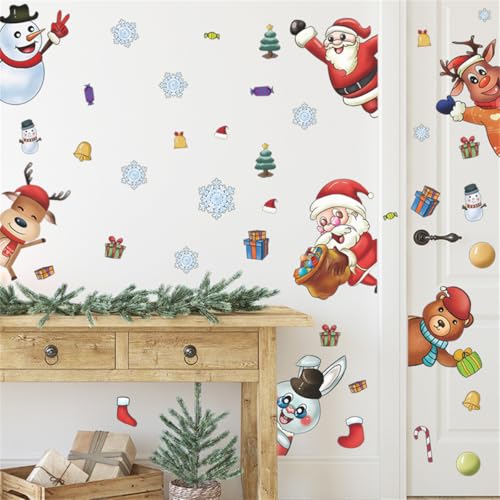 WALLMEII クリスマス 飾り ウォールステッカー サンタクロース かわいい トナカイ 雪だるま クマ ウサギ おしゃれ ウォール シール 窓用 ガラス 装飾 DIY 壁紙 はがせる 鈴 雪の結晶 壁 飾り Christmas Decoration 子供 寝室 リビングルーム インテリア ステッカー 剥がせる [4]