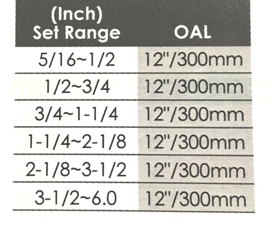 Six telescoping gages of different sizes laid out on a white background.