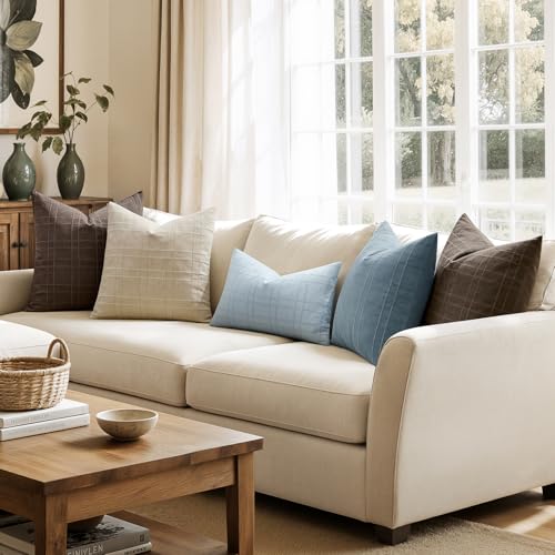 Image of MIULEE Decorative Linen Check Lumar Throw Pillow Covers Neutral Farmhouse Vintage Pillow Covers 12x20 Set of 2 Boho Modern Home Decor for Sofa Couch Bedroom Cushion Coastal Blue