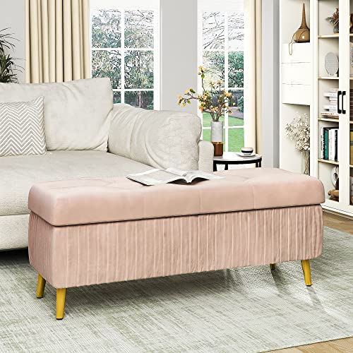 Awqm Tufted Storage Ottoman Bench,Velvet Upholstered Storage Bench With Button,Flip Top,Perfect For Living Room,Entryway,Bedroom,47.24", Light Pink #TOP5